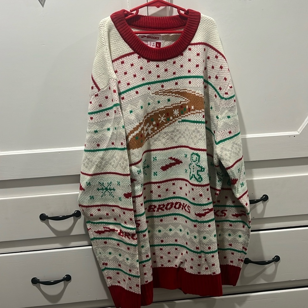Brand new Men’s Christmas Knit sweater with Ginger Bread Brooks Running Logo